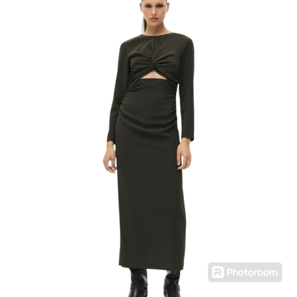Zara khaki ZW collection cut-out midi Dress size Medium